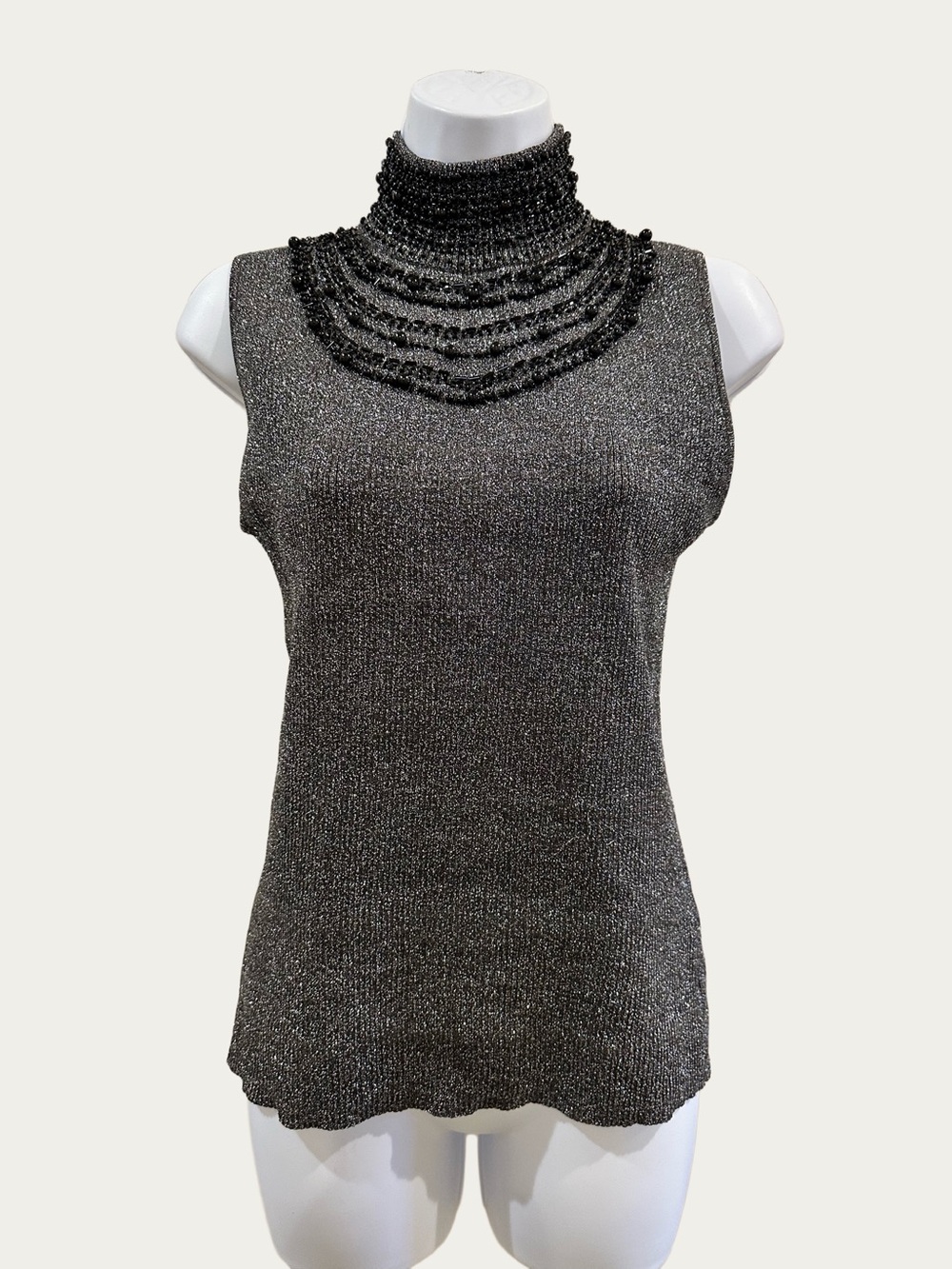 Grace Sleeveless Black Gunmetal Metallic Knit Top Beaded High Neck Silk Blend